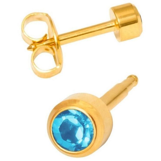 Серьги Studex камень Аквамарин завальцованный средние с позолотой