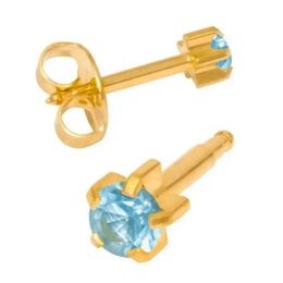 Серьги Studex камень Аквамарин в крапане средние с позолотой