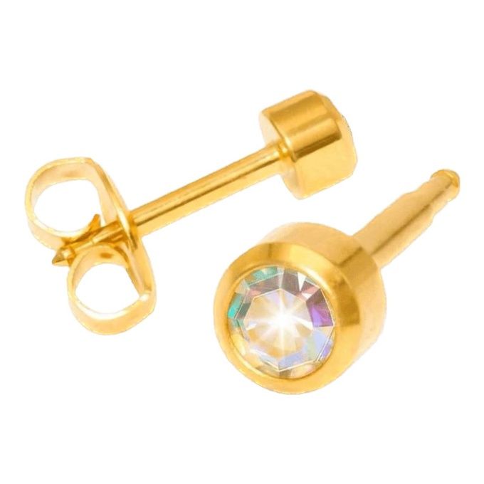 Серьги Studex камень Горный хрусталь завальцованный большие с позолотой